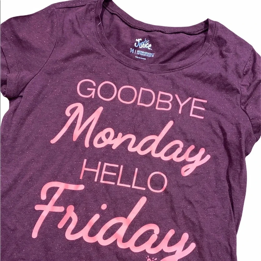 Justice girls size 14 goodbye Monday hello Friday graphic T-shirt